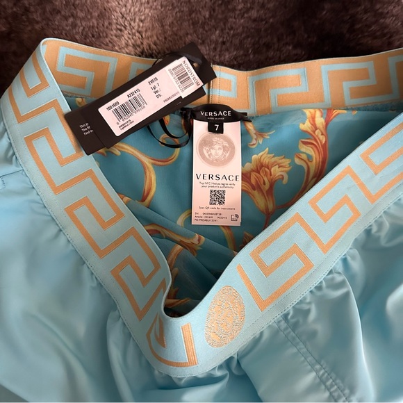 Versace Greca Swim Trunks in Light Blue/Gold - Picture 3 of 8
